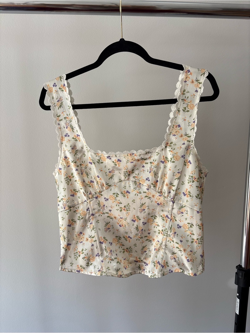 Princess Polly Cream Floral Lace-Trim Cropped Tank